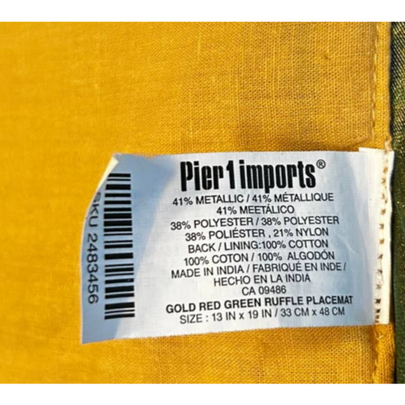 Pier 1 Imports Set Two (2) Gold Red Green Ruffle Elegant Placemats 13"x19" VGC - Picture 4 of 4